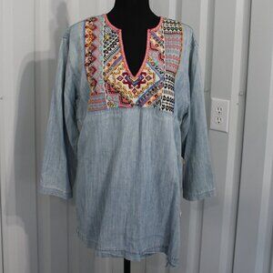 Double D Ranch Womens Embroidered Tunic Tencel Linen Size Small 3/4 Sleeve VNeck